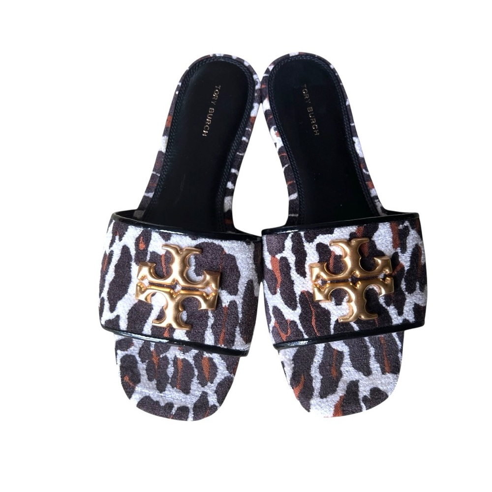 TORY BURCH ELEANOR Leather Leopard Print Gold Medallion Slide Sandals Size 8 - Picture 11 of 16